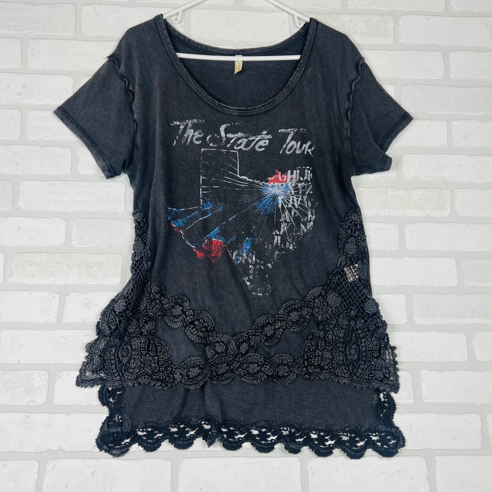 Free People We The Free The State Tour Texas Graphic Lace Trim Tee Faded Black S